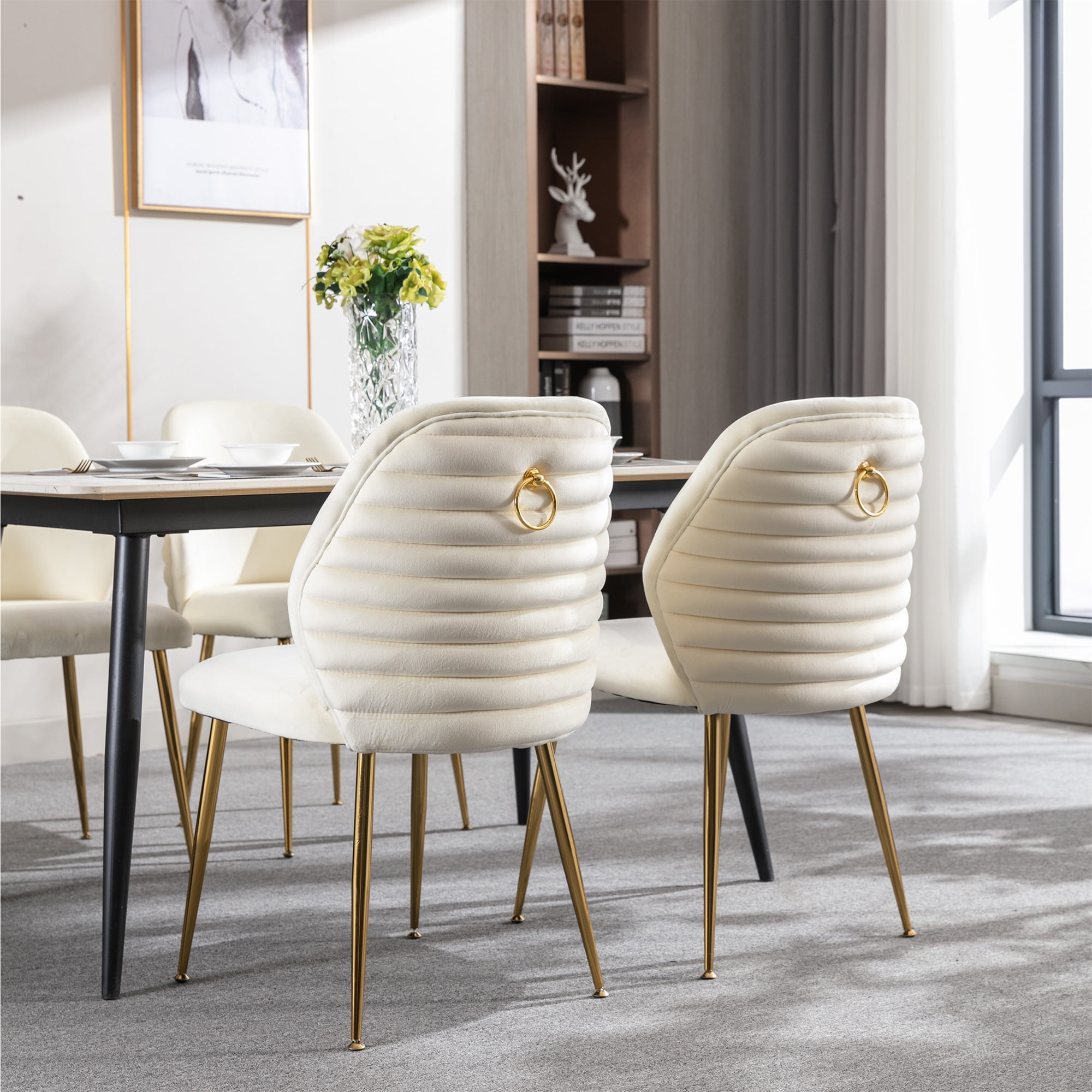 Resenkos Modern Woven Woven Dining Chair Set of 2 with Barrel Backrest and Gold Metal Legs, Cream Resenkos Modern Woven Woven Dining Chair Set of 2 with Barrel Backrest and Gold Metal Legs, Cream