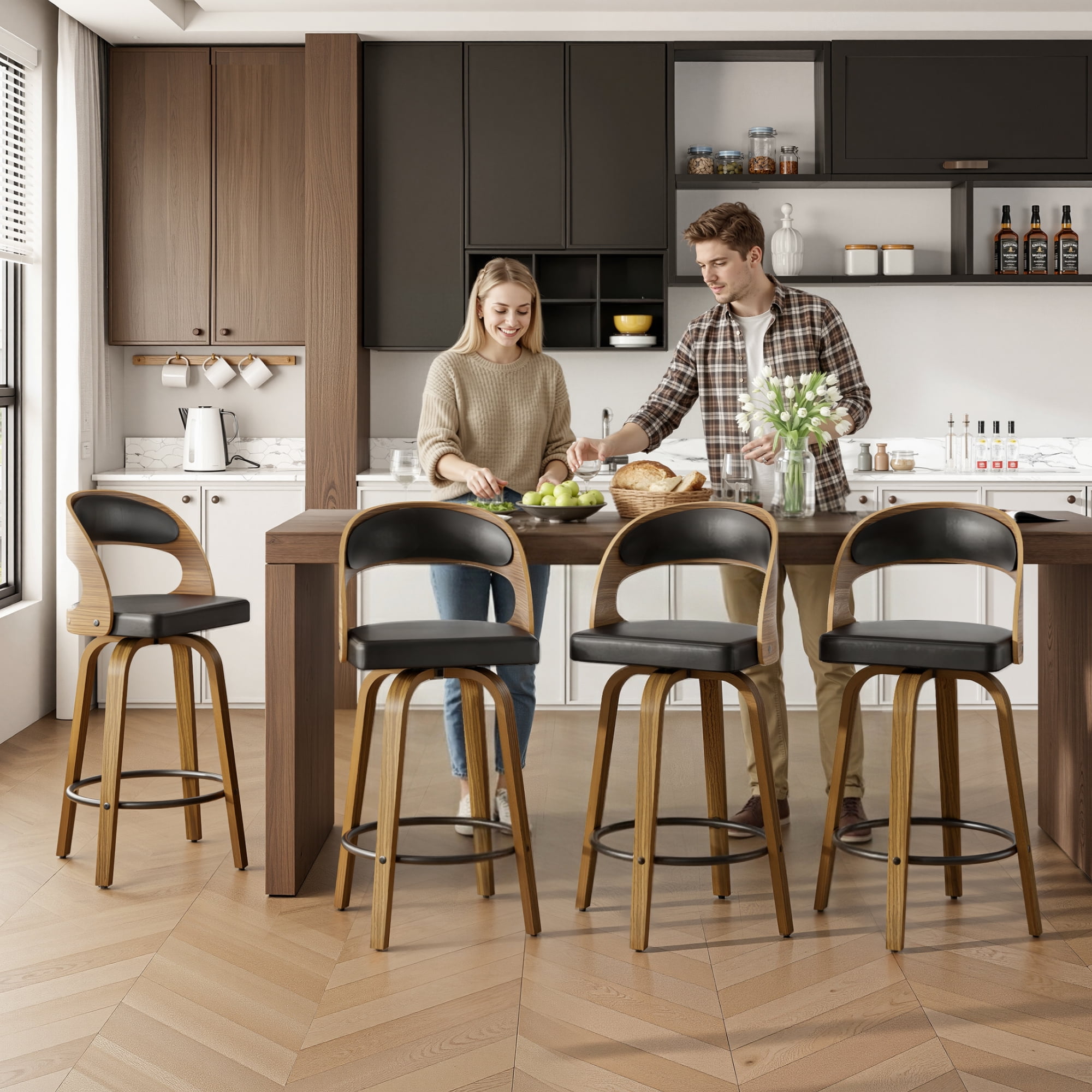 SUNCOZE Counter Height Bar Stools Set of 2, 37 Inch Swivel Bar Chairs with PU Leather Upholstery, Solid Wood Legs, Modern Seating for Kitchen Island & Home Bar