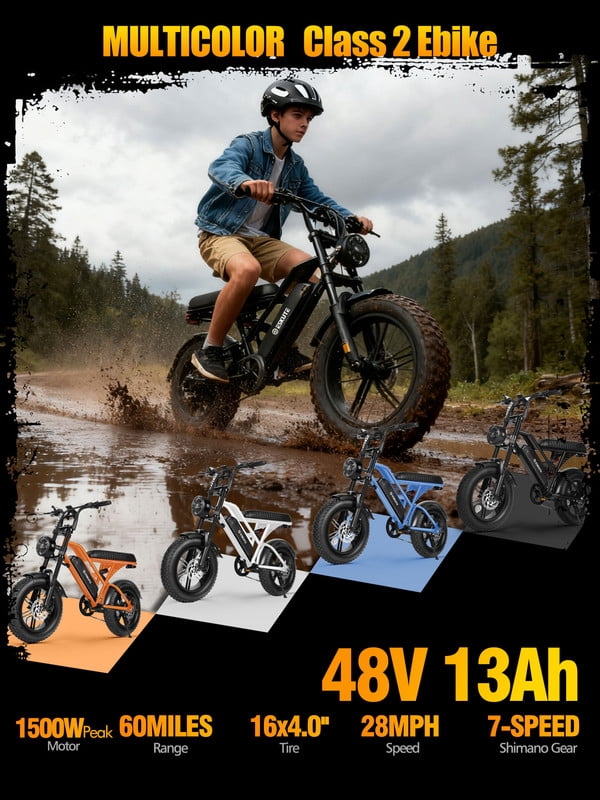 ESKUTE V100 Electric Bike for Teens Adults, 750W Peak 1500W 28 Mph 48V 13 Ah,16"x4.0" Fat Tire E Bicycle, 7-Speed E-Bike with Dual Suspension, Blue with Lock & Phonebag，UL2849
