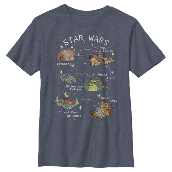 Boy's Star Wars Map Points of Interest  Graphic Tee Navy Blue Heather Medium