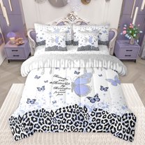 jejeloiu Cute Kawaii Butterflies 7-Piece Bedding Comforter Set,Cartoon Leopard Print King Bedding Sets,White Black Bed Sheets For Teens,Super Cozy Room Decor Reversible