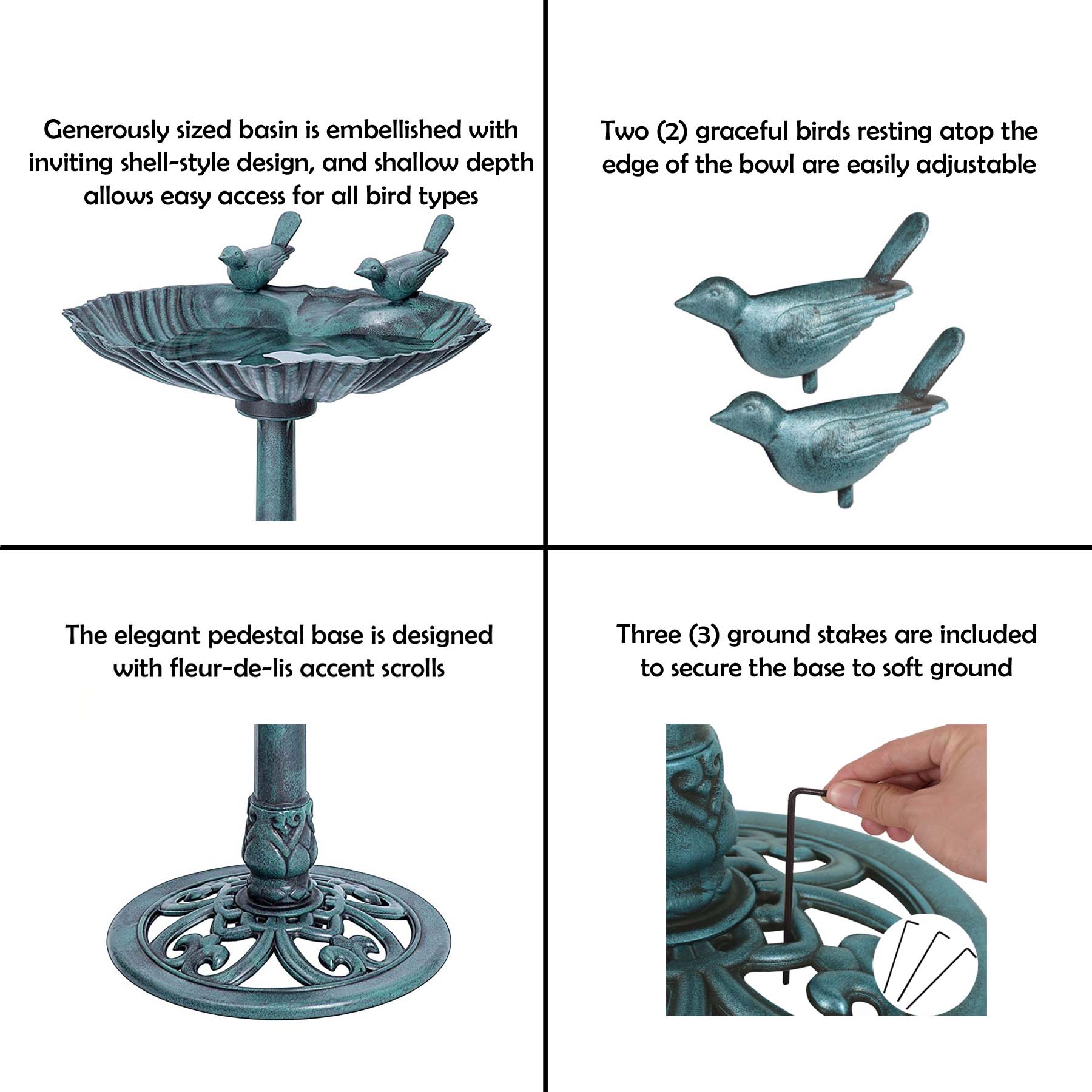 Westcharm 29 Inch Lightweight Poly Resin Outdoor Birdbath for Outside with Decorative Birds and Pedestal Base Stand - Verdigris Green