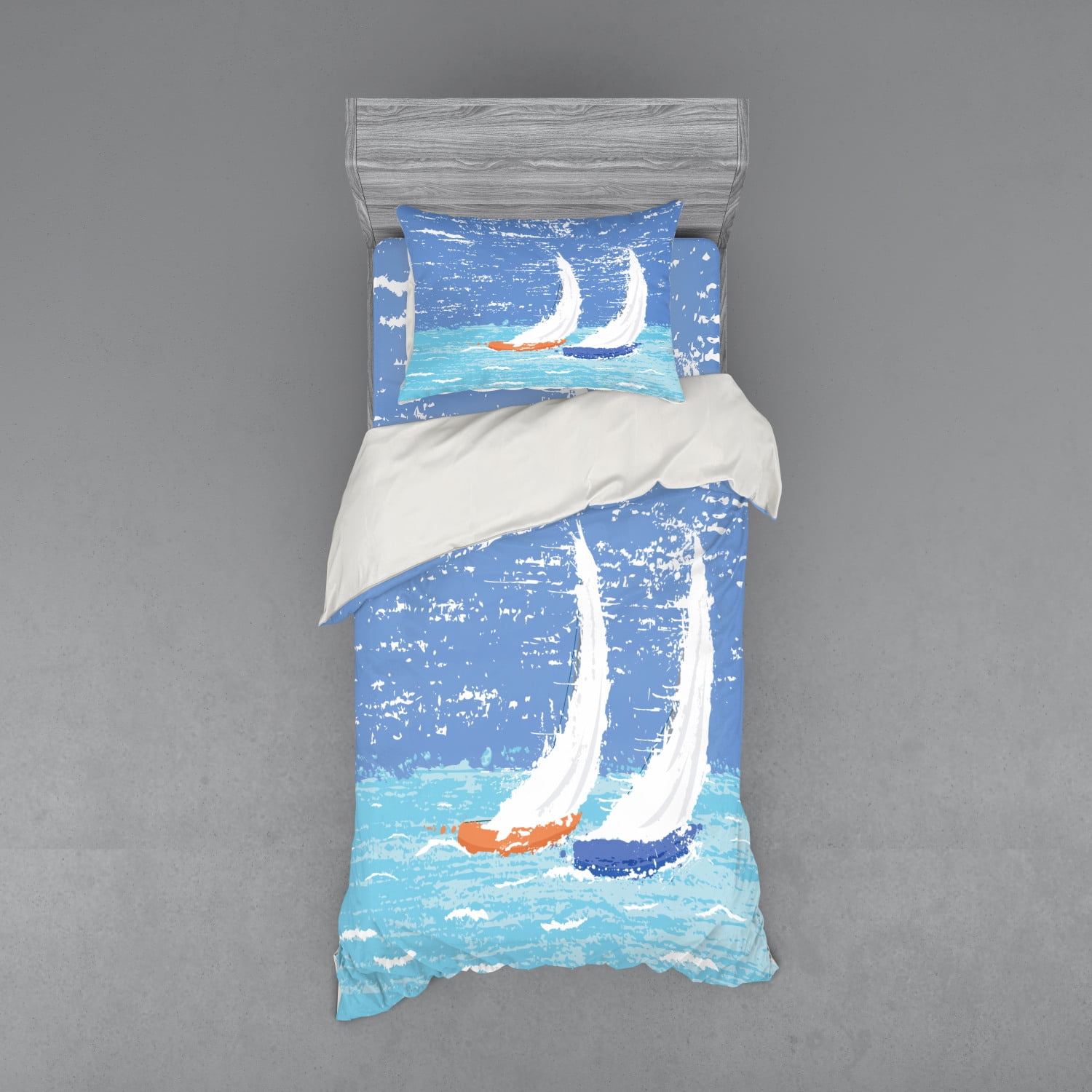 Nautical Duvet Cover Set, Grunge Style Illustration of 2 Racing
