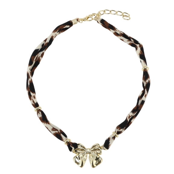 Unique Bargains 1 Pc Bow Scarf Necklace with Charm Adjustable Tie Statement Choker for Women Brown White