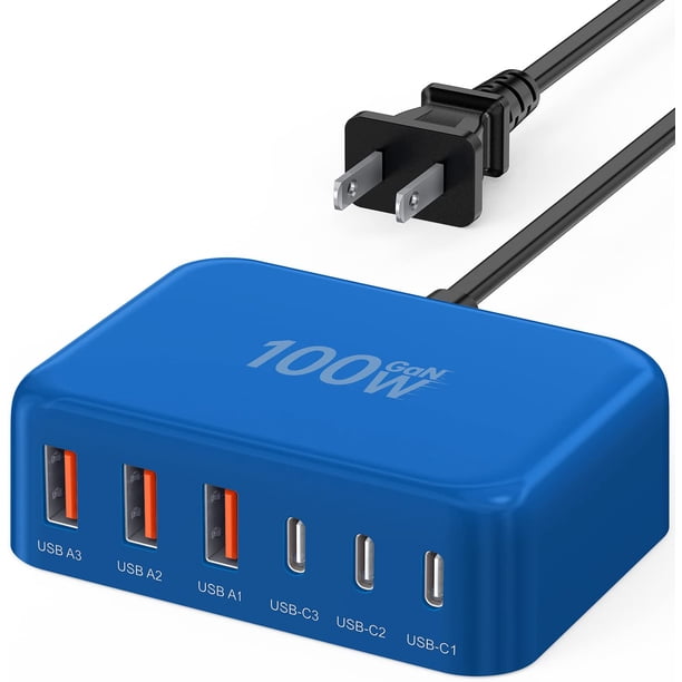 Estación de carga BREEKET, cargador rápido USB C, 100 W, GaN, 6 puertos