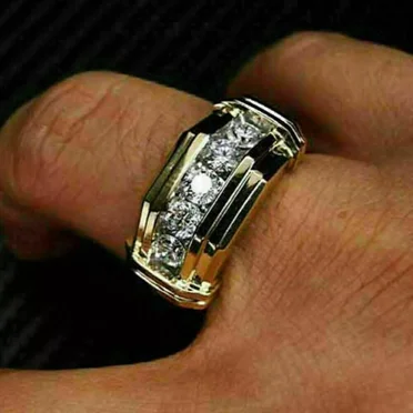 14K Yellow Gold Plated 2Ct Round-Cut 5 Stone Moissanite Men's Wedding Band Ring