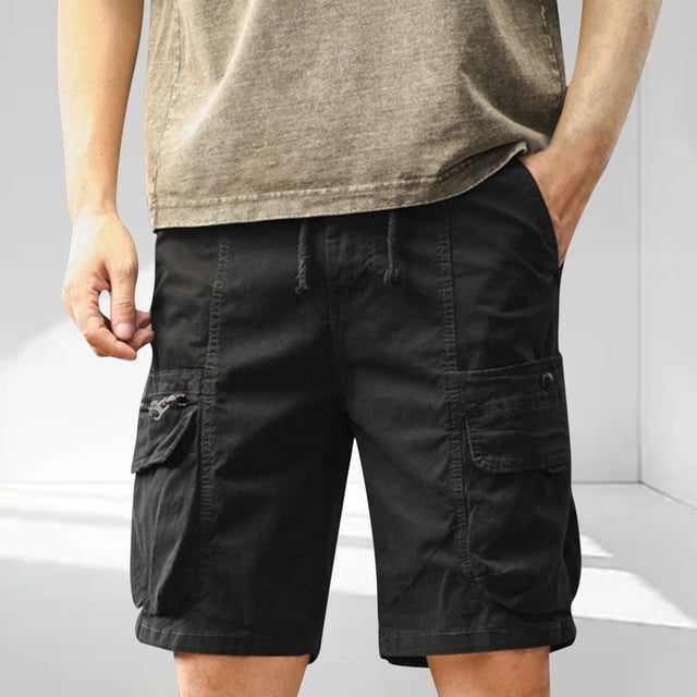 pstuiky Pantalones cortos cargo para hombre, Pantalones cortos casuales de color sólido con cordón y cintura elástica para hombre, transpirables y con bolsillo