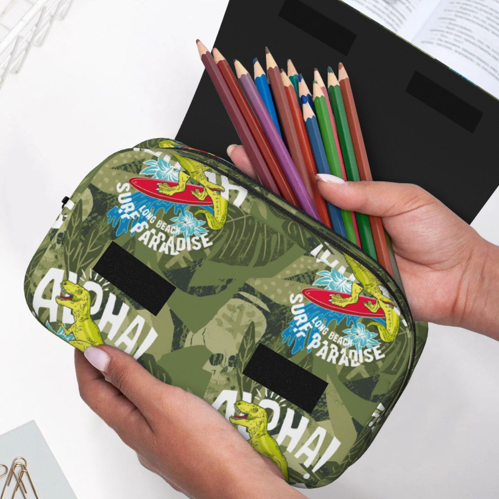 Rateoe Surfing Dinosaur Pattern Double Clamshell Pen Case, Storage Organizer with Two Zipper Compartments– Holds Up to 50 Pencils & Pens
