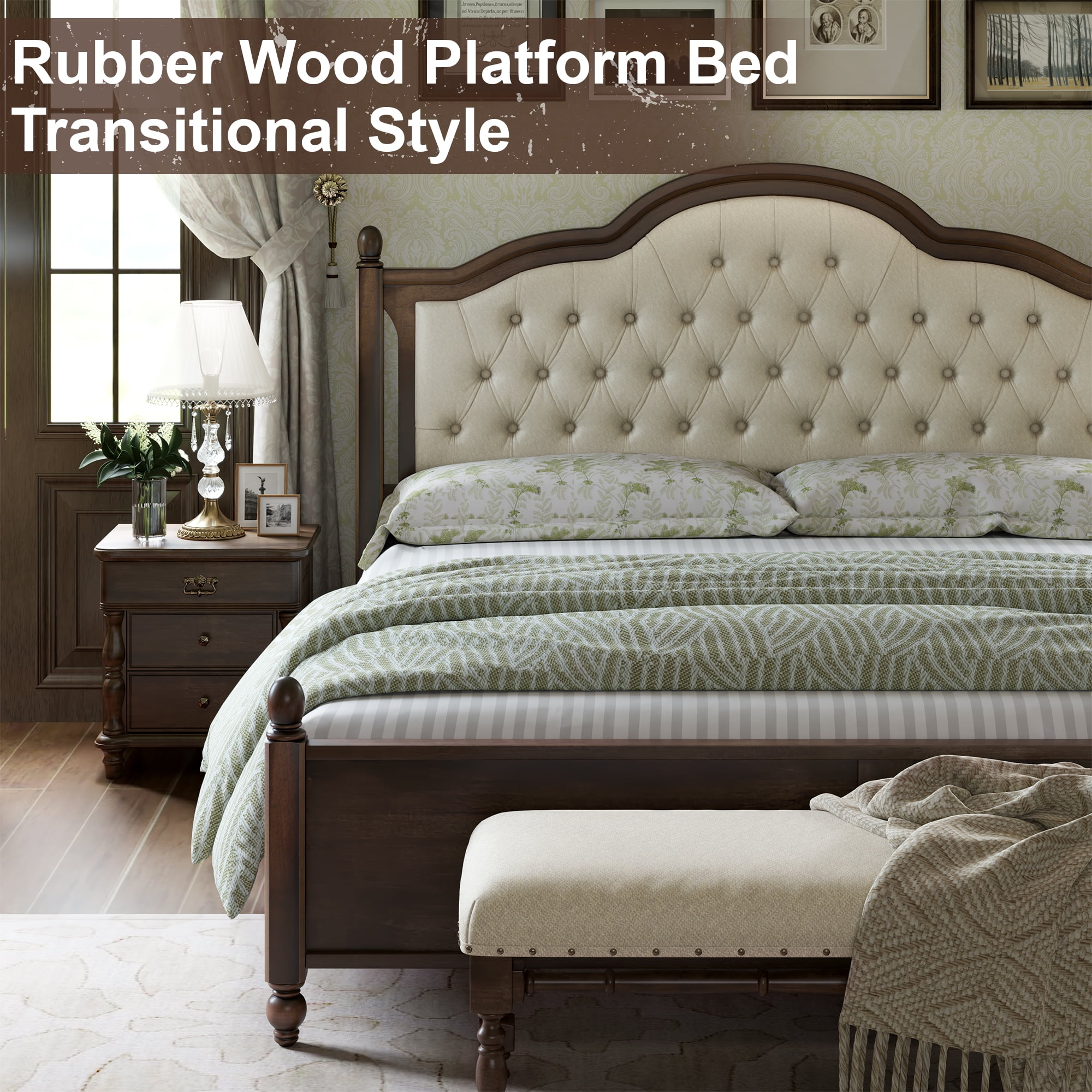 VANACC Queen Wood Bed Frame with 52.5" Upholstered Headboard, Wood Slat Support, No Box Spring