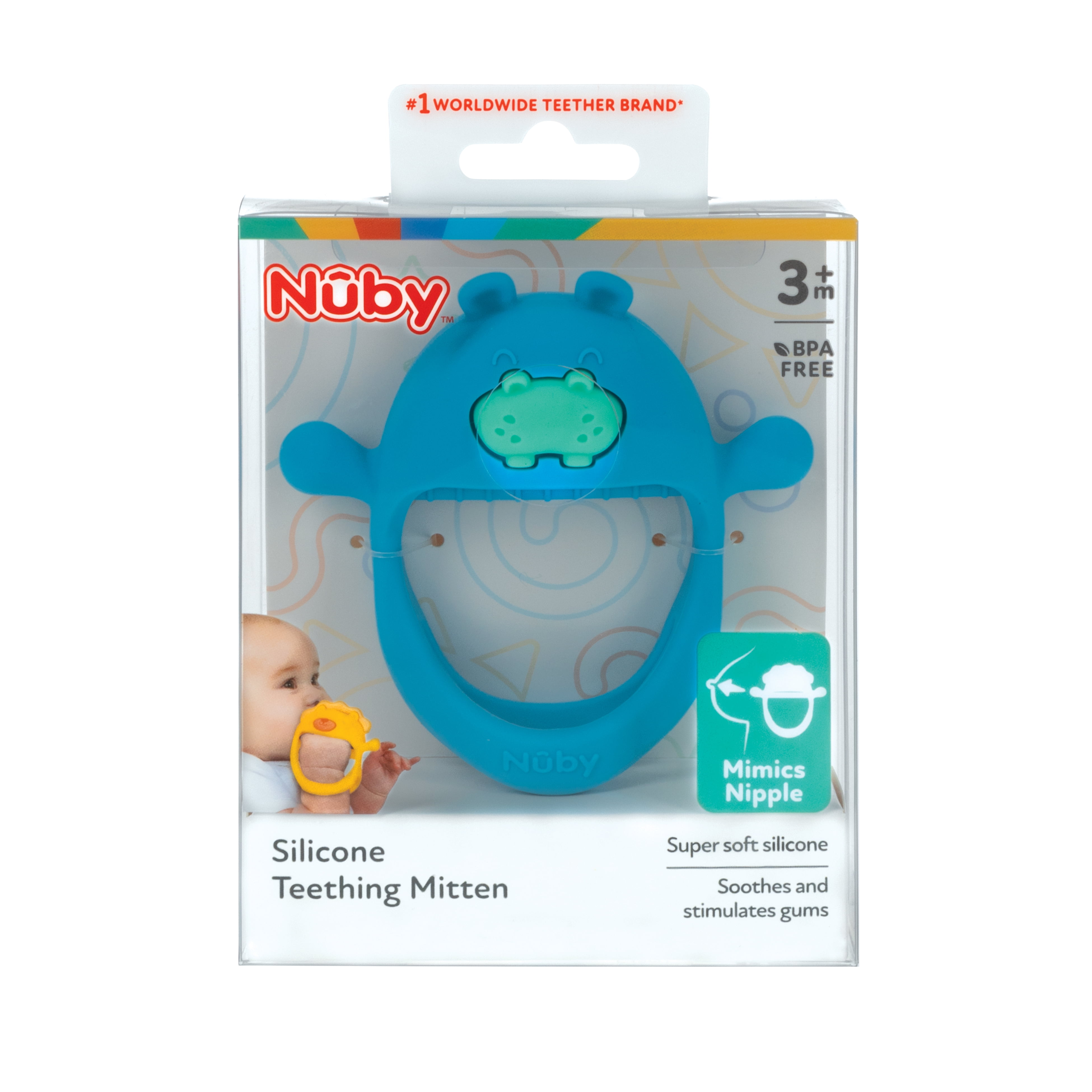 Nuby Mini Wrist Grip Silicone Teething Mitten for Babies, Hippo