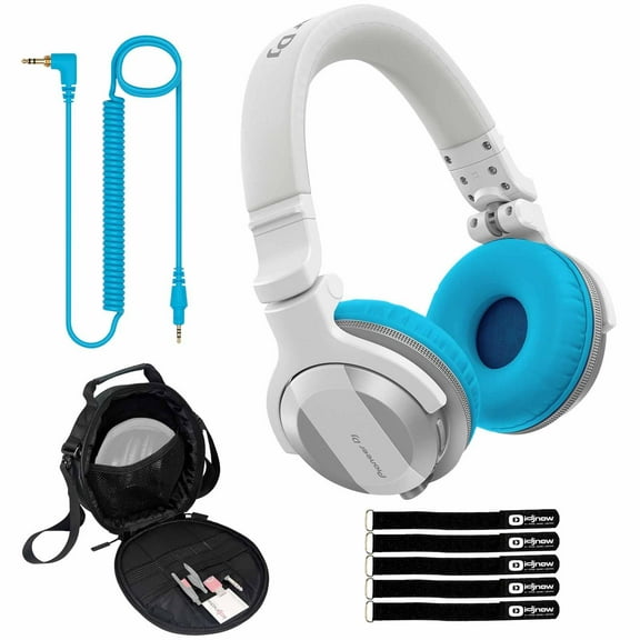 Pioneer DJ HDJ-CUE1BT White Wireless Bluetooth Headphones with Blue Ear Pad Accessories Package