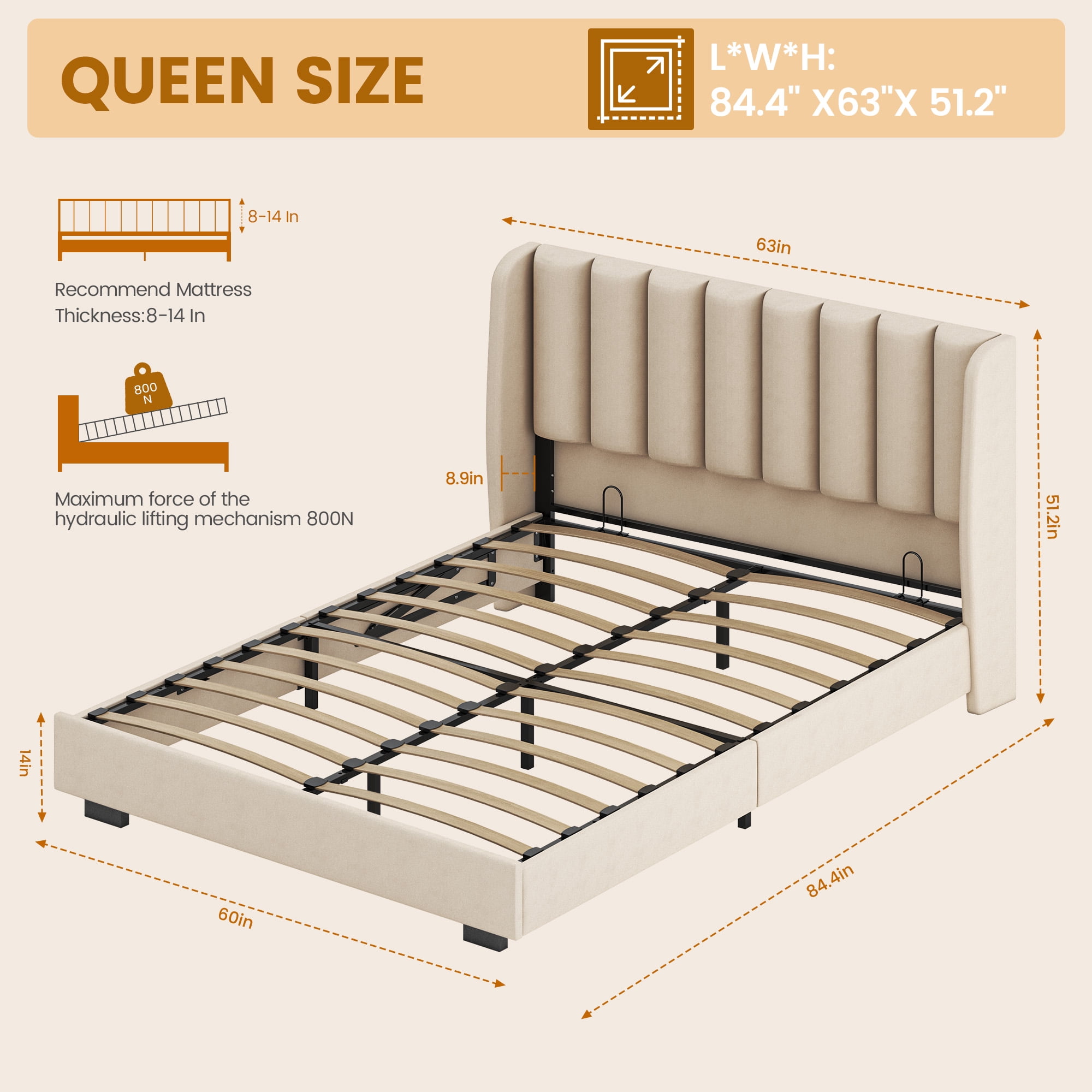 Queen Size Lift Up Storage Bed Frame with 51" Tall Headboard, Upholstered Velvet Wingback Tufted Platform Bed, No Box Spring Required, Noise-Free Queen Bed Frame with Hydraulic System (Queen,Beige)