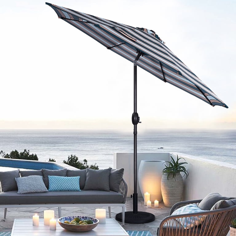 blue and white striped cantilever patio umbrella Superjoe 9 ft Striped Patio Umbrella Market Umbrella with Push Button Tilt  and Crank, Blue & Brown Stripe