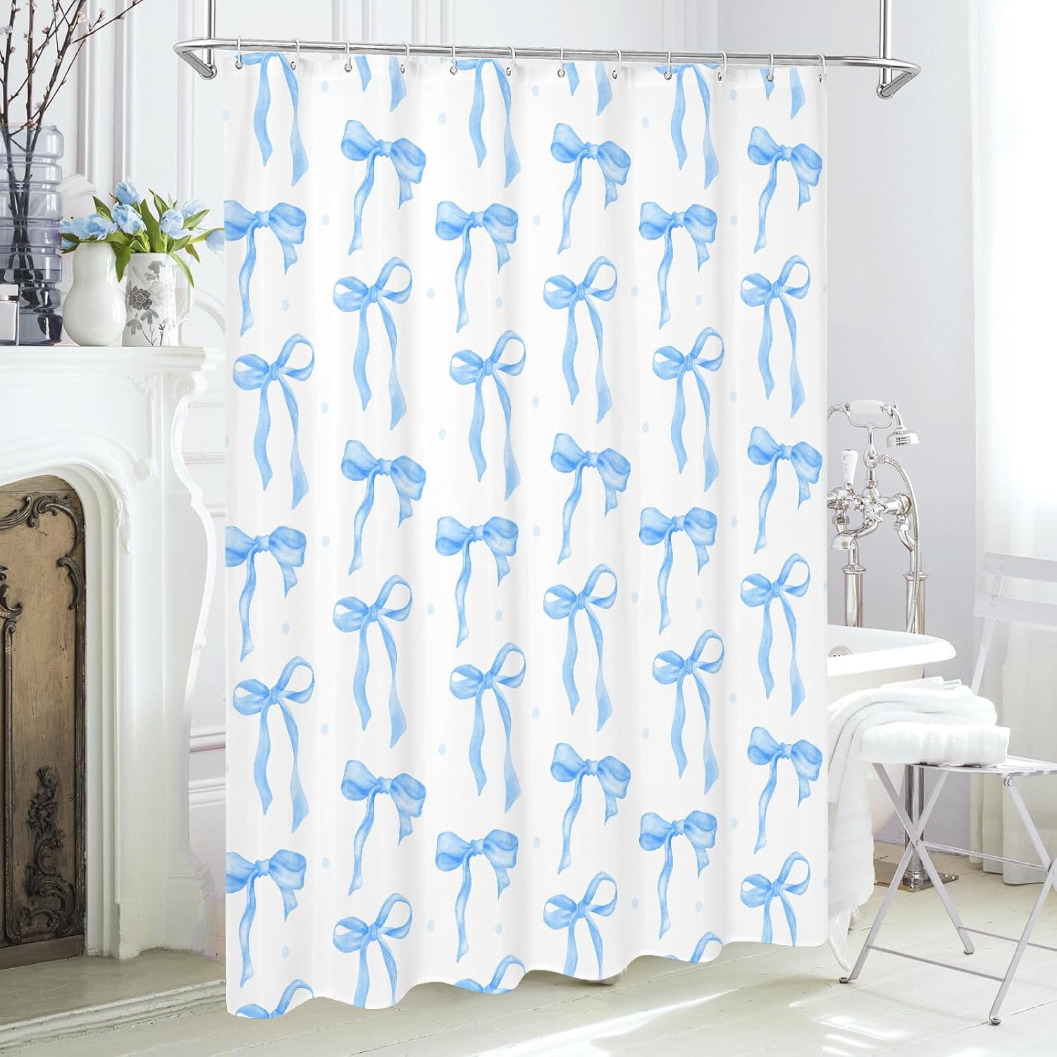 Cute Bow Shower Curtain, Blue Aesthetic Bowknot Shower Curtain for Bathroom, Modern Minimalist White Waterproof Fabric Shower Curtain Set