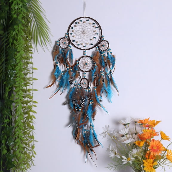 MMJ Dream Catcher Pendant Turquoise Five Ring Feather Wall Hanging Decor Wind Chime Ornament Gift