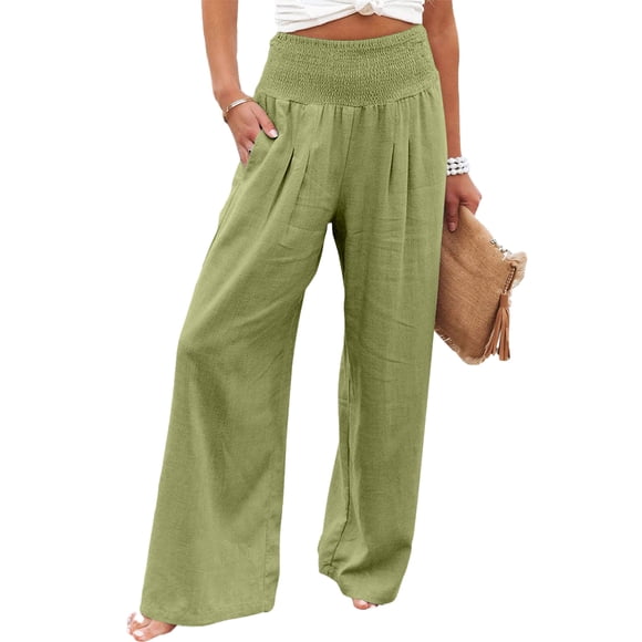 Pantalones Mujer Qarigey Verano Primavera Bolsillos Suelto Pierna ancha Alta Amarillo Verde Type3 NO3
