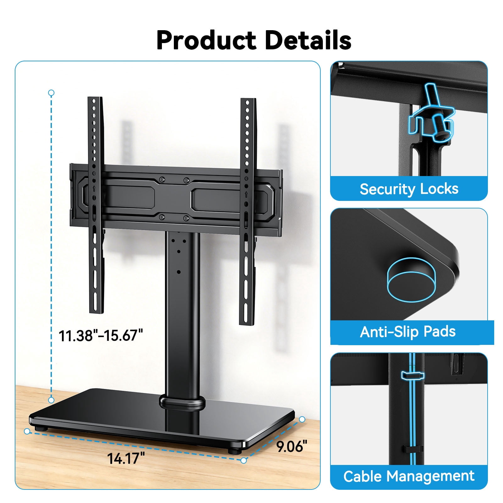 MountFTV Swivel Table Top TV Stand for 24-60 inch TVs, Holds up to 88lbs, Max 400x400mm, 50 degrees Swivels Adjustable Tabletop TV Stand with Tempered Glass Base