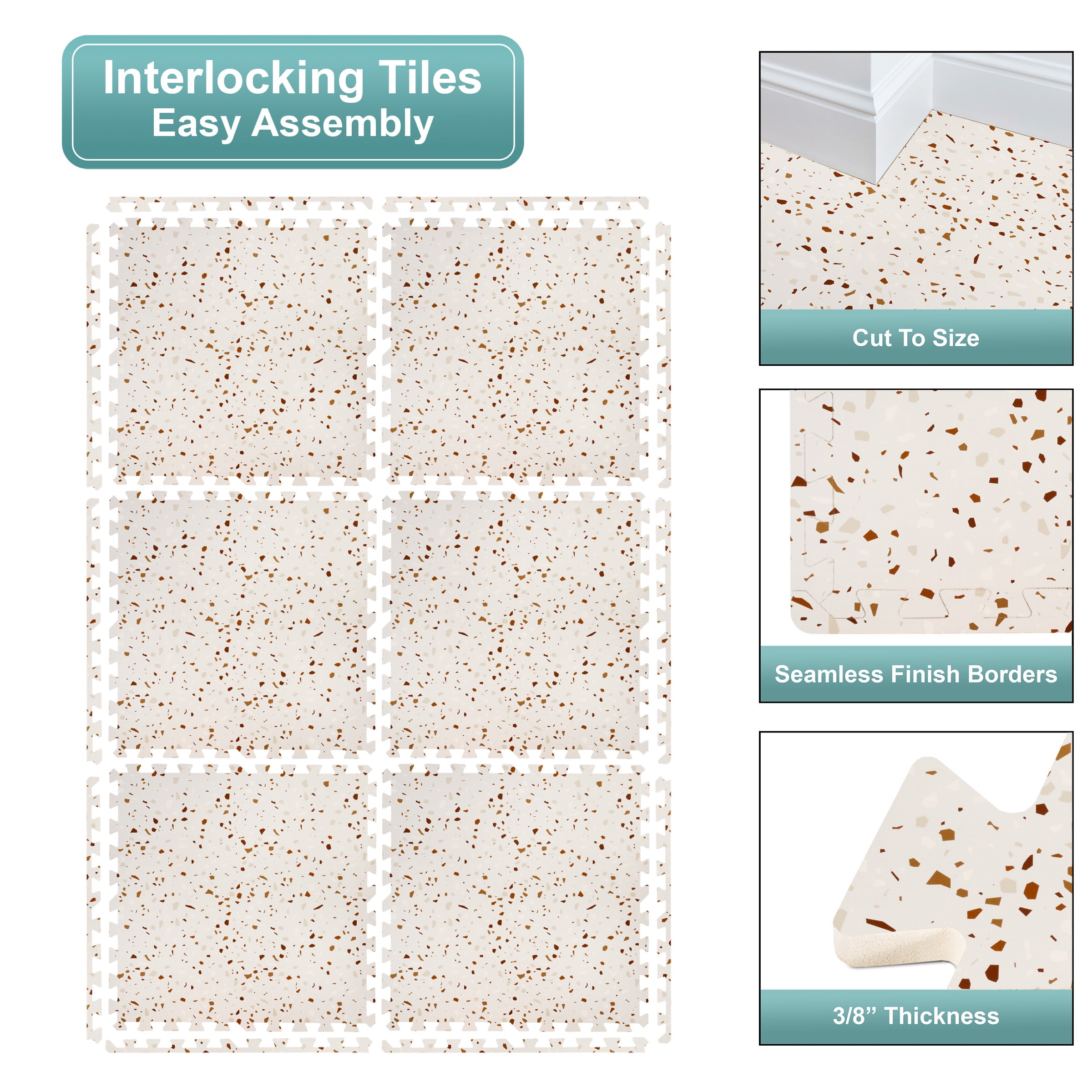 Sorbus Waterproof Terazzo Foam Floor Tiles, 16 Tiles, 64 Sq Ft, Interlocking, Terazzo