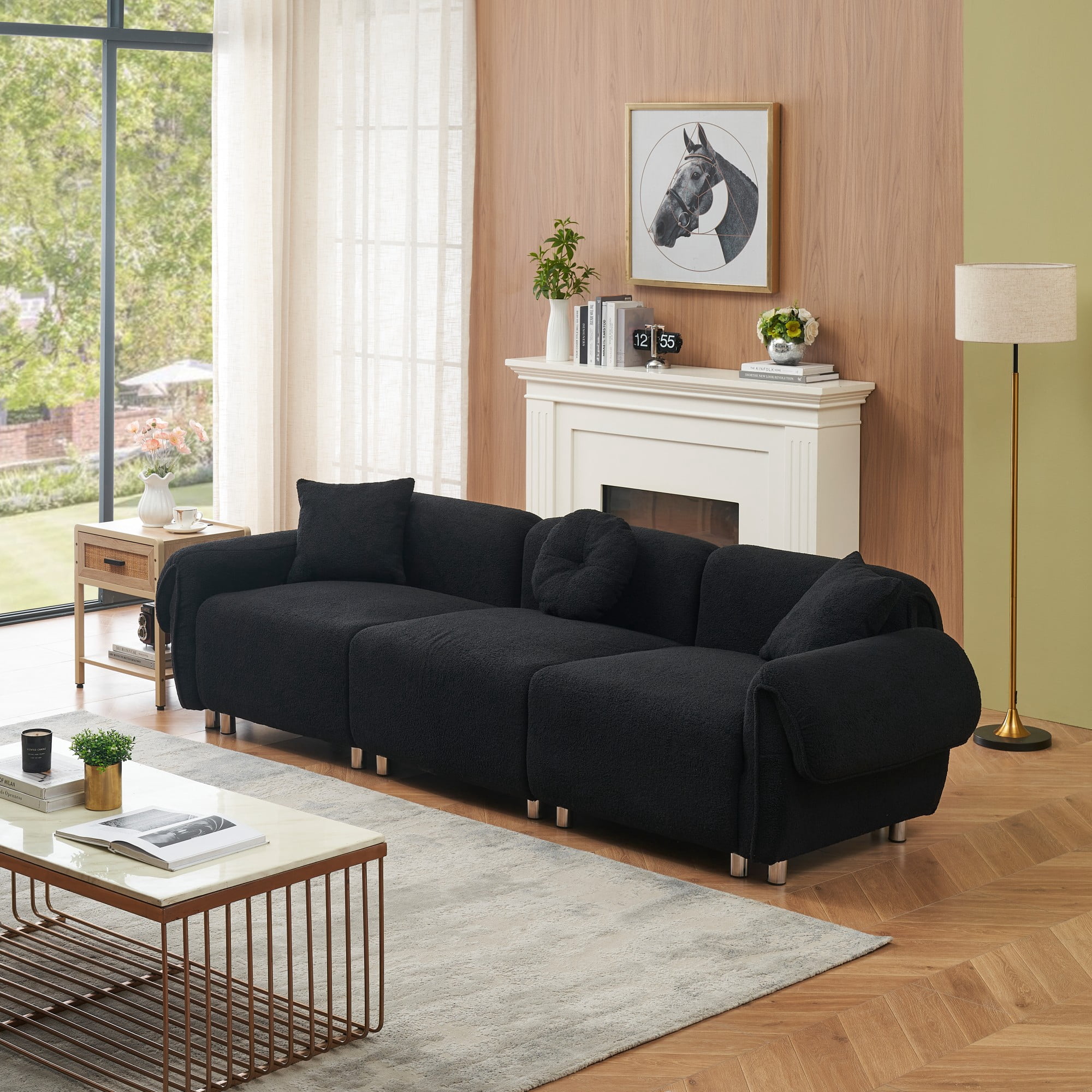 Sectional Sofa,3 Seat Sofa Couch Set with 3 Throw Pillows,112 inch Sofa Couch with Teddy Velvet Fabric for Living Room,Apartment,Black