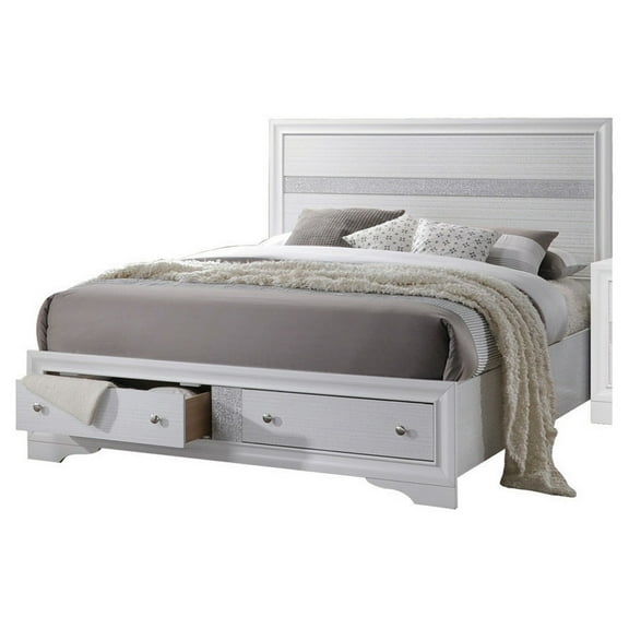 2 Drawer Wooden Eastern King Size Bed with Panel Headboard in White