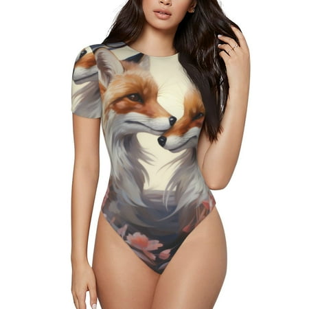 Gaeub Romantic Flower Fox Print Women s Short Sleeve One Piece Swimsuit Sexy High-Waisted Bodysuit Bathing Suit for Swimming  Beach  Sports-Small