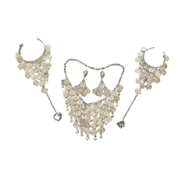 Conjunto de 3 collares, pendientes y pulseras para mujer, joyería de moda de aleación para boda y novia. Plata