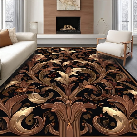 ODIKA 4'x6' Machine Washable Non-Slip Area Rug, Artisan Scrollwork Motif High Traffic Rug, Brown, 254428