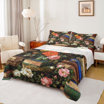 jejeloiu Country Floral Twin Sheet Sets,Vintage Books Twin Fitted Sheet,Oil Paint Aesthetic Flat Sheet For Girls,Microfiber Bedroom Decor,3pcs