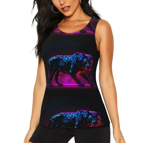 Fuzoiu Futuristic Purple Panther A、 Print Women's Workout Tank Top,Athletic Racerback Sports Tank,Tops Sleeveless Running Loose Fit Yoga Tops,Active Shirts for Yoga, Running, and Gym-Small