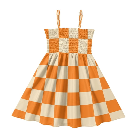Orange Yellow Checked Pattern Girls' Casual Dresses 2Y-8Y Sleeveless Ruffle Neck for Summer Daily Wear