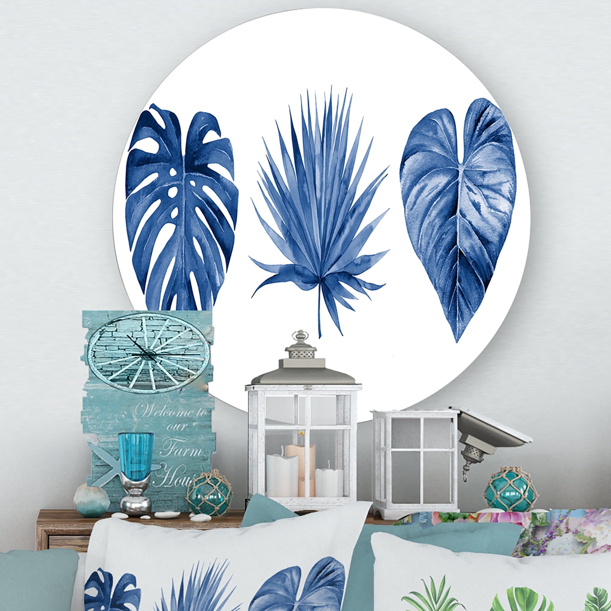 Designart 'Tropical Leaves In Classic Blue ' Tropical Circle Metal Wall Art 11x11 - Disc of 11