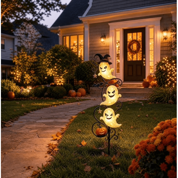 YAMB 3 Ghost Solar Metal Garden Stake Light, Halloween Glowing Ghost Waterproof Yard Decor with Star & Pumpkin, Rust-Proof Steel Frame Reusable Warm Lighting Decor for Lawn Outdoor Layout