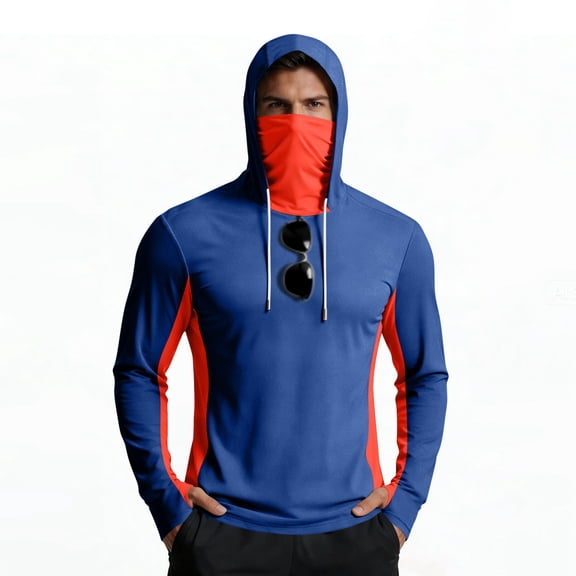 Inglocry Men's UPF 50 Hooded Fishing Shirts Quick Dry Long Sleeve Sun Protection Hoodie, Hiking Running Swimming Rash Guard with Mask 2026 Blue 2XL