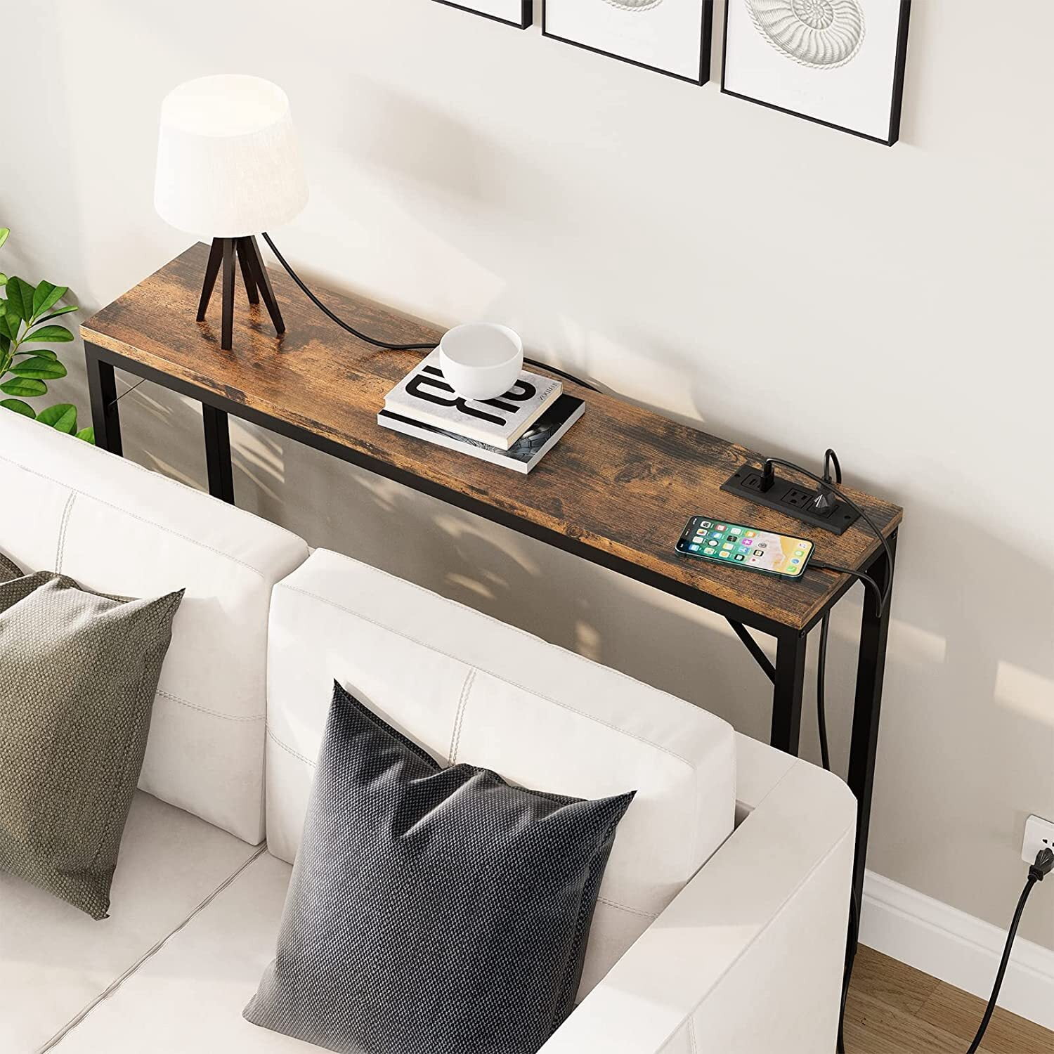 HOSSLLY Console Table with Outlets, Sofa Table with Charging Station, Industrial Entryway Table Foyer Table for Entryway, Front Hall, Hallway, Sofa, Couch, Living Room,Kitchen, Rustic Brown