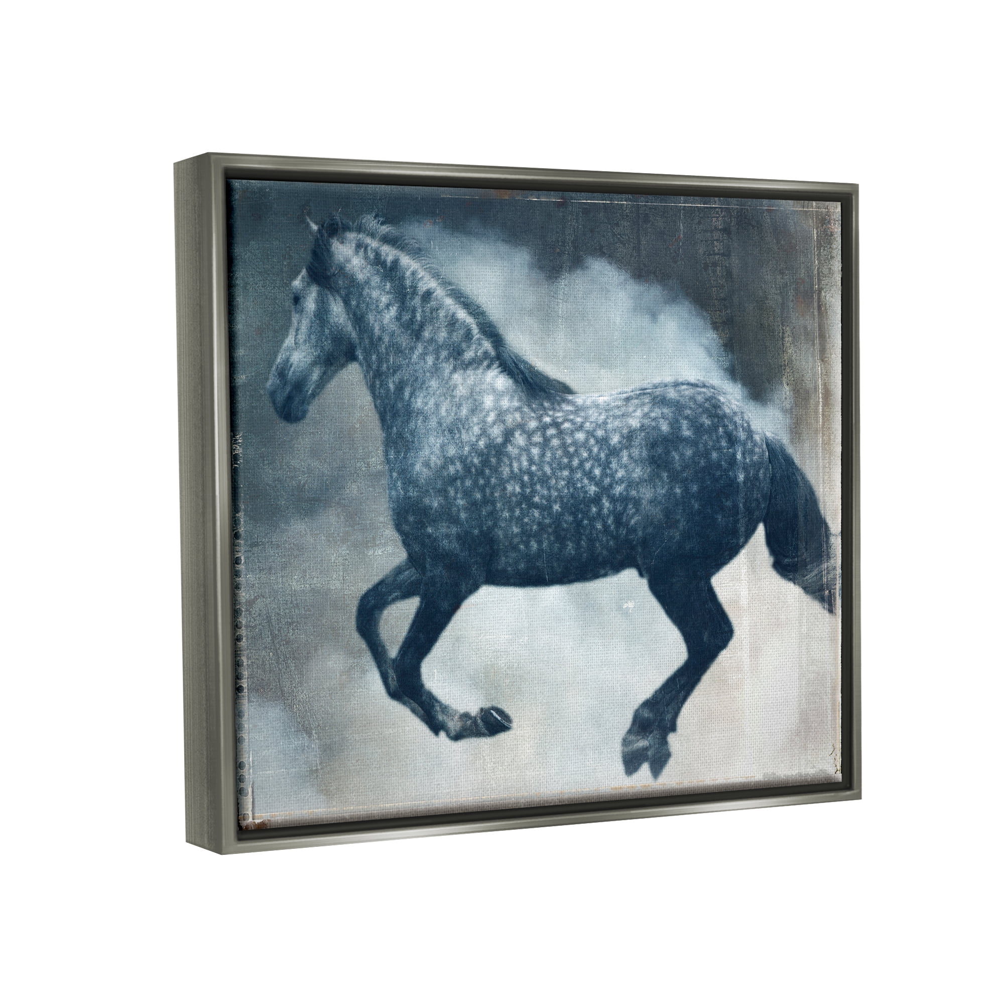 Stupell Industries Blue Galloping Horse Vintage Animals & Insects Painting Gray Floater Framed Art Print Wall Art