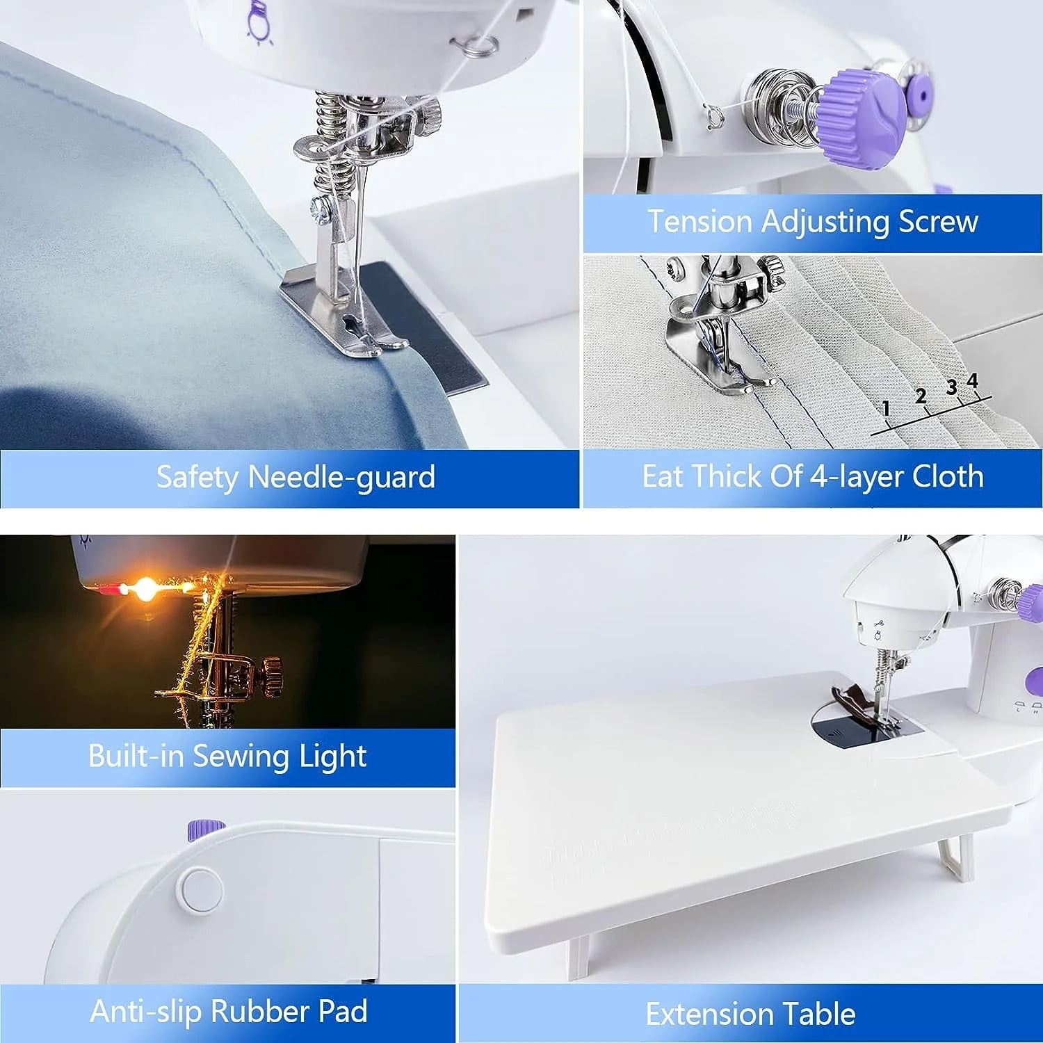 BSHAPPLUS® 110pcs Portable Mini Stitch Sewing Machine, Double Speed Switch with Lamp Thread Cutter, Extension Table, Sewing Kit for Beginner Adult Kids Arts Crafts Household, Travel