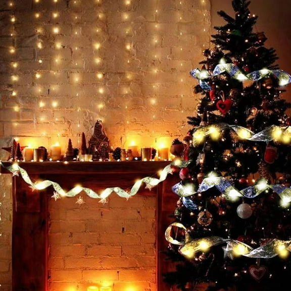 PRETXORVE Christmas Ribbon LED Light String Christmas Tree Decoration Light Satin Light Gift Box Decoration Ribbon Flashing Light String
