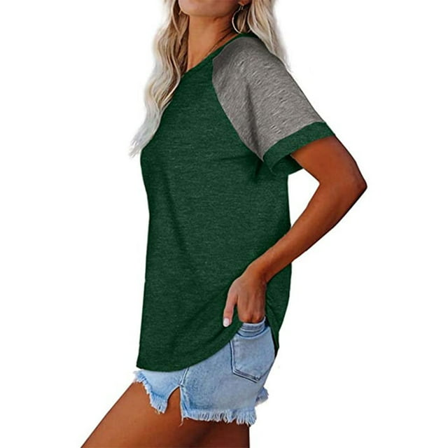 T-Shirt Femme à Manches Courtes Col Rond Blouse Décontractée, Vert, L