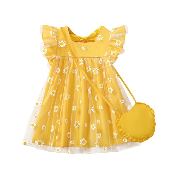 KIMI BEAR 2T Toddler Girls Dress 3T Summer Clothes Ruffle Sleeveless Floral Tutu Dress with Bag 2pcs Clothing Yellow 2-3 Years
