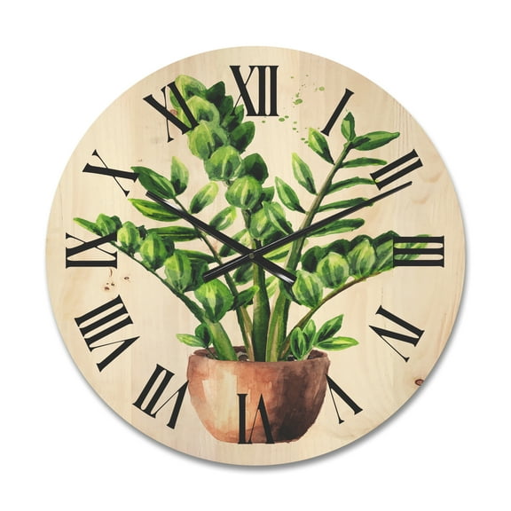 Designart 'Zamioculcas Tropical Plant With Green Leaves On White' Traditional Wood Wall Clock