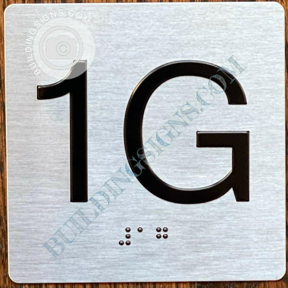 Apartment Number 1G Sign with Braille and Raised Number (Aluminum, 4x4, Double Sided Tape, Silver)-The Sensation line (ref-2201)