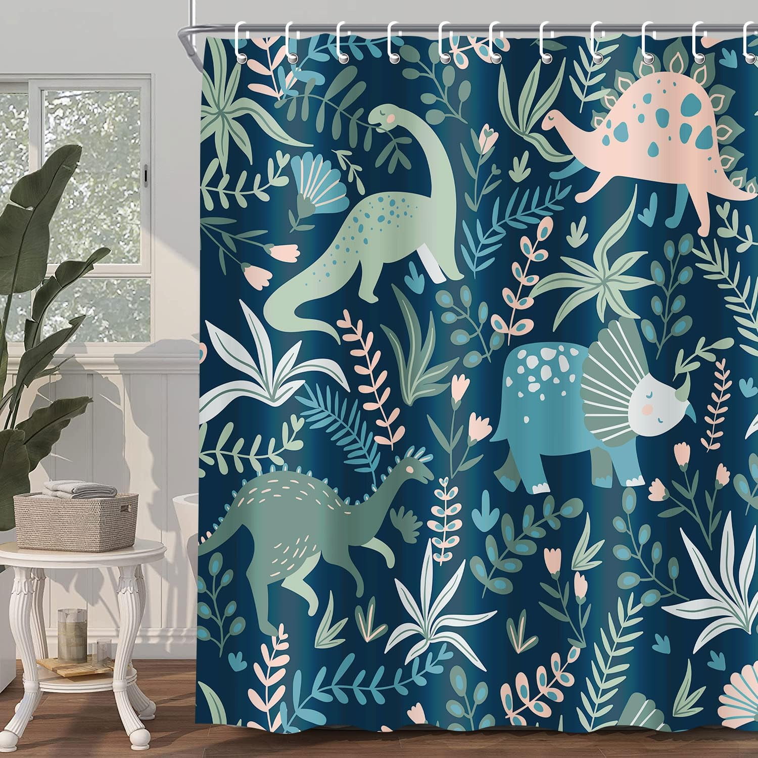 Kids Shower Curtains,Funny Dinosaur Shower Curtains, Cute Dinosaur for Boys Girls, Green Plant Leaf Flowers Colorful Bathroom Decor with Hooks Waterproof Fabric Polyester Bathtub Decorative