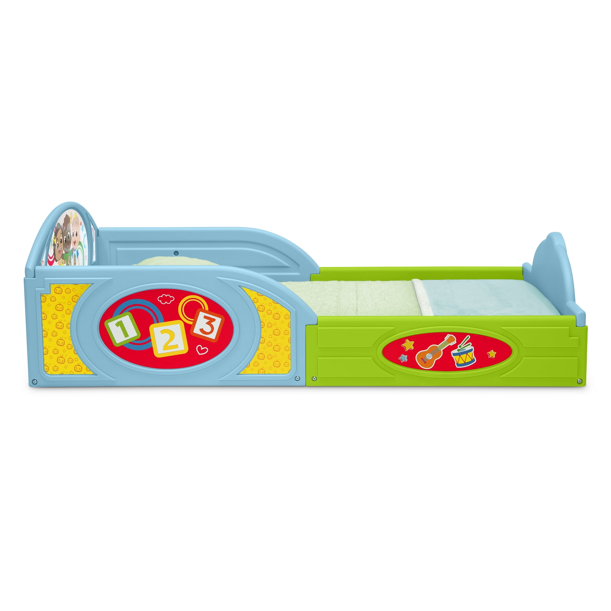 CoComelon Sleep and Play Toddler Bed with Built-In Guardrails by Delta Children, Blue/Multi