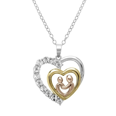 Amanda Rose Tri Colored Sterling Silver Mother and Child Diamond Heart Necklace