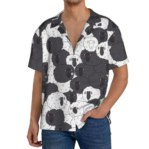 Fotbe Black And White Sheeps Camisa Estampada de Manga Corta para Hombre, Casual de Verano, Estilo Playero, Sin Arrugas-Large