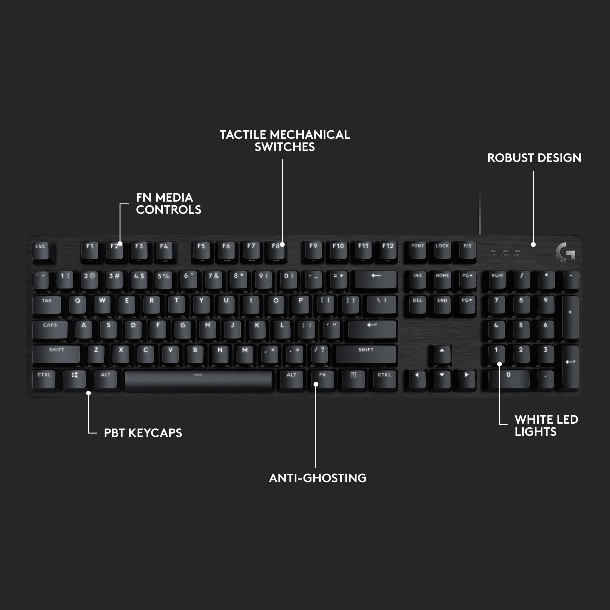 Logitech G413 SE Full-Size Corded Gaming Keyboard, PBT Keycaps, Tactile Mechanical Switches, 6-Key Rollover Anti-Ghosting, FN Keys—white Backlit LED