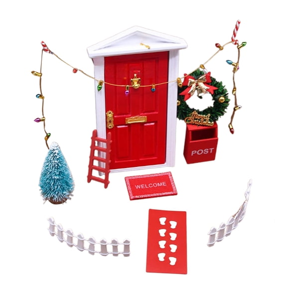 OIUR 11Pcs Doll Houses Miniature Christmas Decor Set Plastic Tree Lights Wreath Mailbox Fairy Doors DIY Scene Kit Red Themed Accessories for 1:12 Scale Models