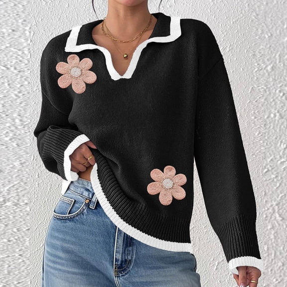 YueHuiYing Woman Casual Flower Lapel And Contrast Stitching Pullover Sweater V-neck Sweater