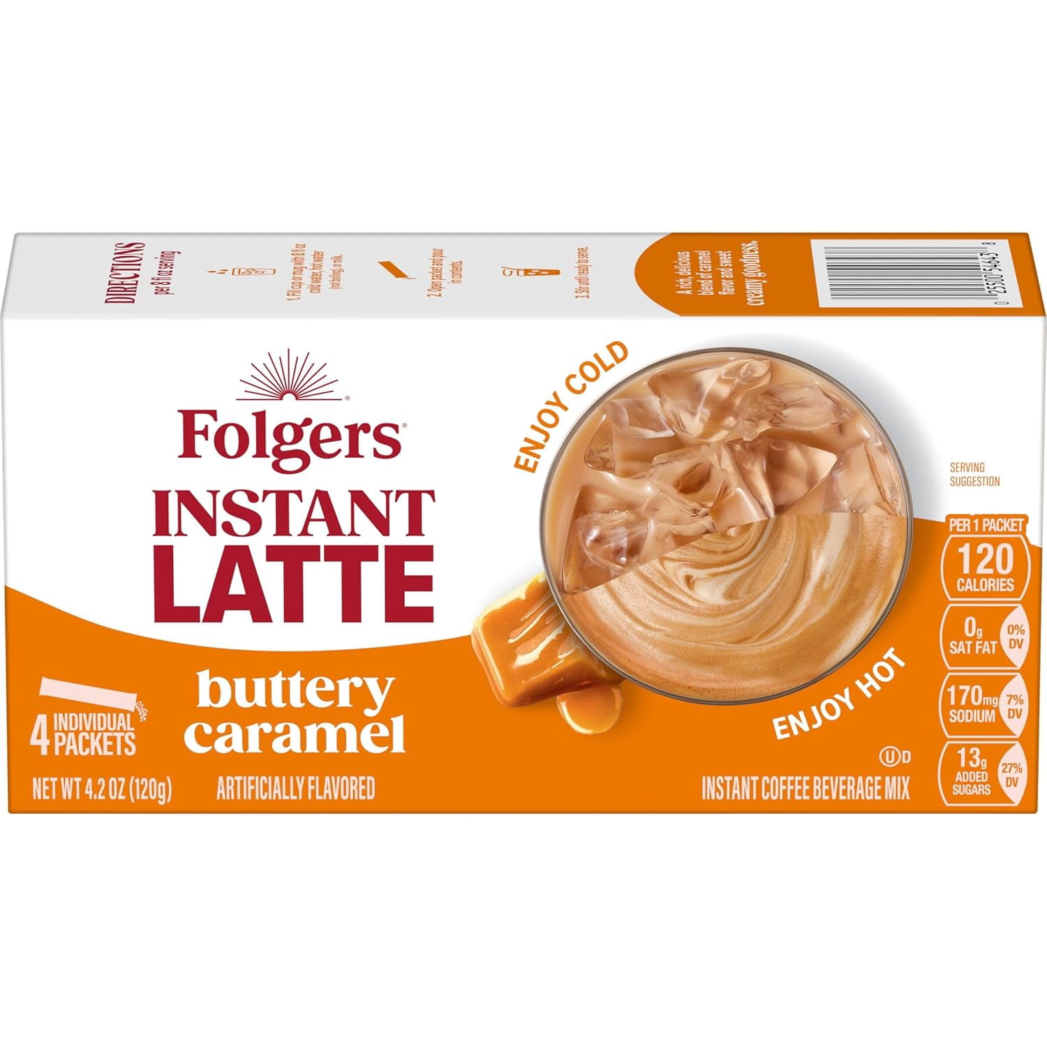 Folgers Buttery Caramel Flavored Instant Latte Packets, Instant Coffee Beverage Mix, 4 Single Serve Packets, 4.2 oz Box