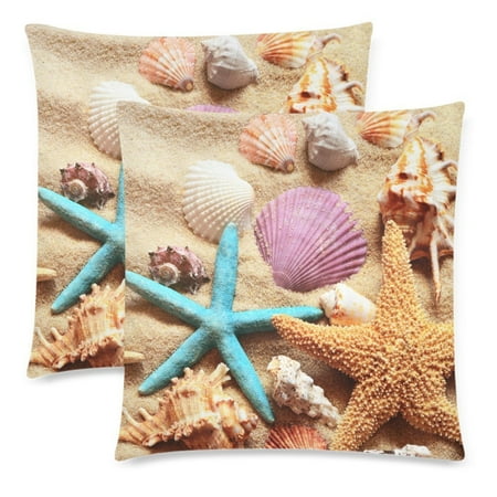 Starfish Cushion YKCG 2 Pack Summer Beach Sand with Seashell Throw Pillowcase 18x18 Twin Sides, Ocean Sea Shell Starfish Cotton Zippered Cushion Pillow Case Covers Set Decorative ()